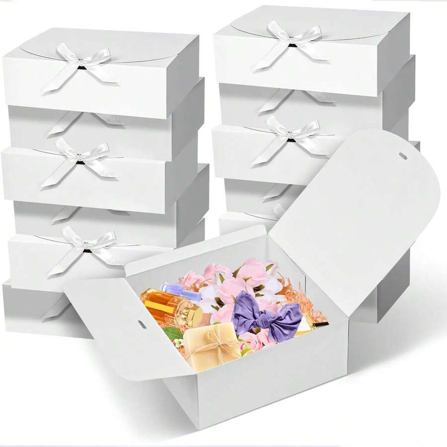 10个白色带盖礼盒，尺寸10.6 x 7.8 x 3.1英寸，附赠白色丝带，适用于伴娘邀请礼盒、婚礼礼物、生日礼物、派对回礼、装饰品、情人节礼物、新娘礼盒等。