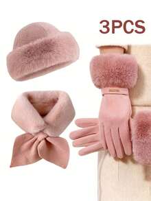 3pcs/Set Winter Warm Set, Warm Furry Hat, Gloves Scarf Hat Set, Windproof Thick, Suitable For Outdoor Activities, Perfect For Christmas, Autumn And Winter Gifts Snow Gloves