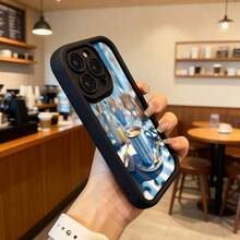 Funda para teléfono con borde negro diseño de taza de café sobre mesa a rayas azul y blanco ideal para cafeterías y espacios relajados Aplicable a los teléfonos de la serie Apple y Galaxy - Negro - Ver 6