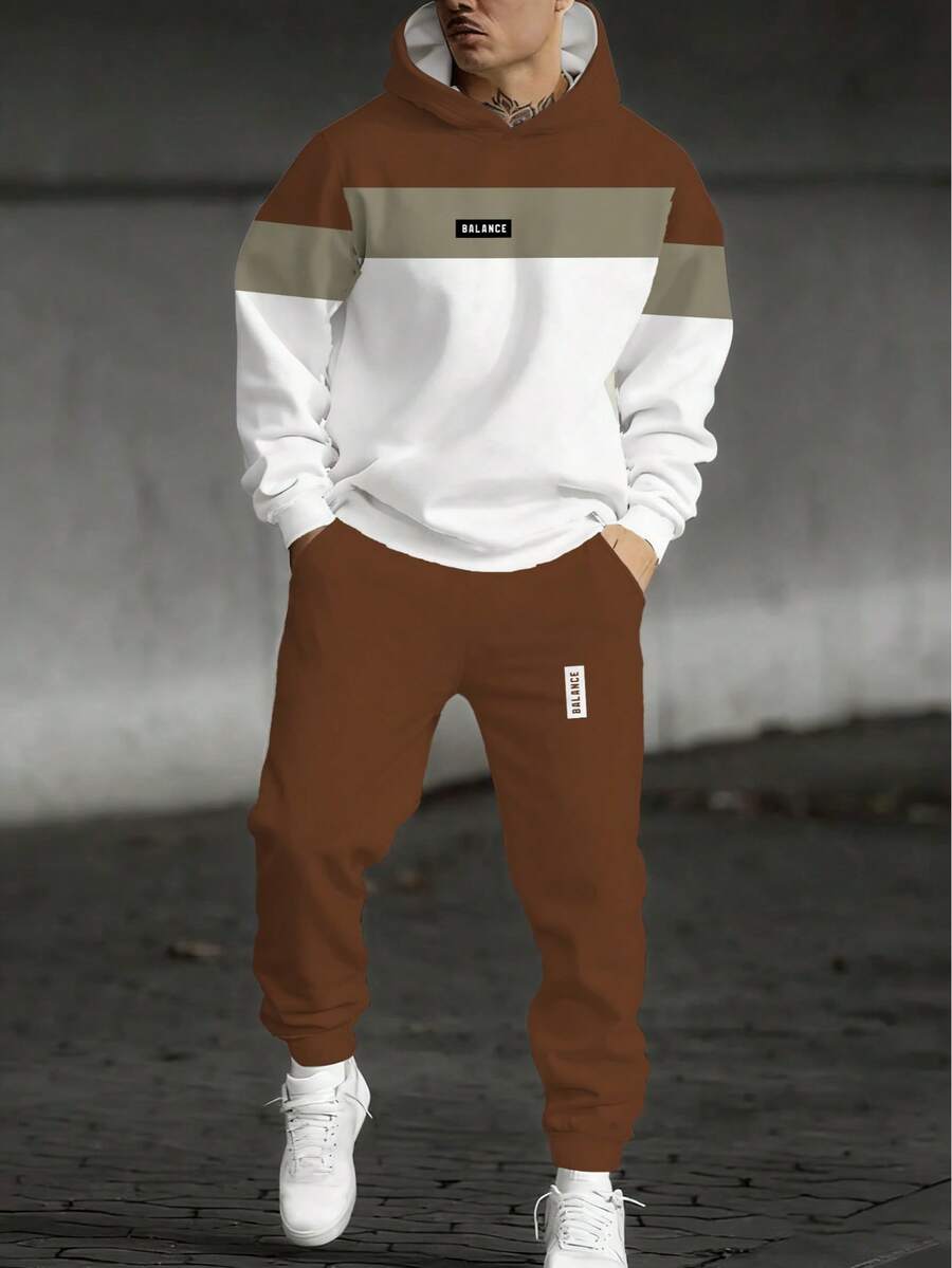 男士卫衣运动裤套装，休闲时尚慢跑运动服，连帽两件套，100% 涤纶，适合春秋季穿着，无内衬，轻盈顺滑面料 - 彩色 - 查看 1