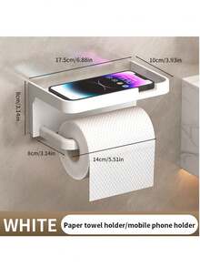 Adhesive Toilet Paper Holder Wall Mounted With Phone Holder Shelf, Plastic, No Need To Drill, For Bathroom, Tissue, Hair Dryer