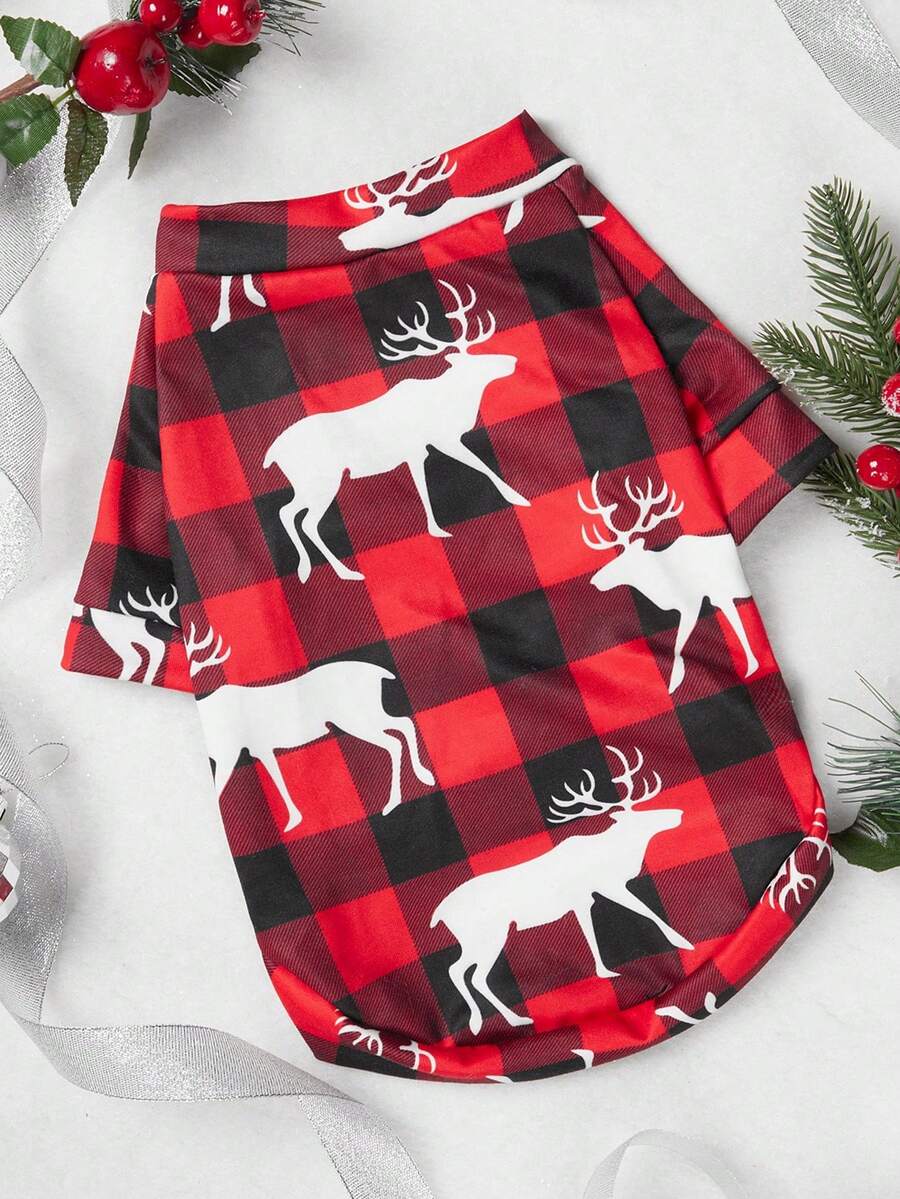 1pc Christmas Pattern Pet T-Shirt, Thin Autumn/Winter Clothes For Dogs & Cats - Red and White - View 1