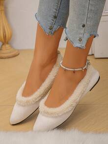 女士优雅纯色平底鞋，饰有毛边，黑色细纹面料，绒面内衬，适合冬季室内/室外穿着，尺码 35-45 - 米色 - 查看 4