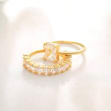 Cubic Zirconia Gold Rings Women Non Tarnish  Dainty 14K Gold Plated Stackable Princess Cut Engagement Ring Set Wedding Promise Rings Her Jewelry Size 6 8 9 10 11 - A-2 pcs Cincin CZ Persegi + 11 - View 8