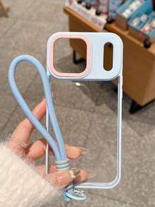 Blue Lanyard Style Personalized Anti-Knock Contrast Color Frame Transparent Solid Color Phone Case Keychain 2-In-1 With Wrist Strap Compatible With IPhone 11, 12, 12 Pro, 12 Pro Max, 13, 14, 13 Pro Max, 14 Pro Max, 15 Pro, 15 Pro Max, 16, 16 Pro, 16 Plus, 16 Pro Max, 17, 17 Pro, 17 Pro Max Spring Easter Gift - Blue - View 3