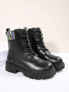 Thick Sole Boots Women Snow Boots Autumn Winter New British Style Short Boots Thermal Lining Warm Western Style Lace-Up Holiday - Black - View 7