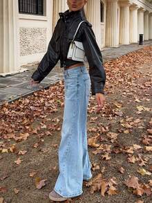 Áo khoác bomber nữ phong cách đường phố màu đen giả da, tay dài, có túi, thun ngắn, mẫu mới cho mùa Thu/Đông/Xuân 2026, thích hợp cho buổi hẹn hò ngày Valentine. - màu đen - Xem 9