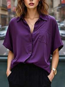 Blusa de manga corta sencilla para mujer, casual de verano y vacaciones - Morado - Ver 6