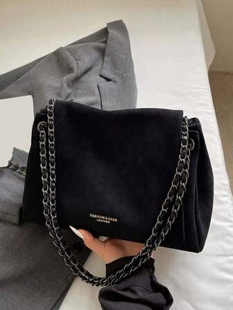 1pc Vintage Chain Decor Black Shoulder Bag, Fashion Casual Crossbody Bag For Women, Suitable For Daily, Commuting, Dating, Gift