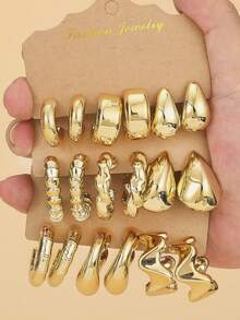 9pairs Fashionable And Elegant New Style Multi-Combination Shape Gold-Plated Plastic Earrings Set,The First Choice For Daily Matching And Gifting