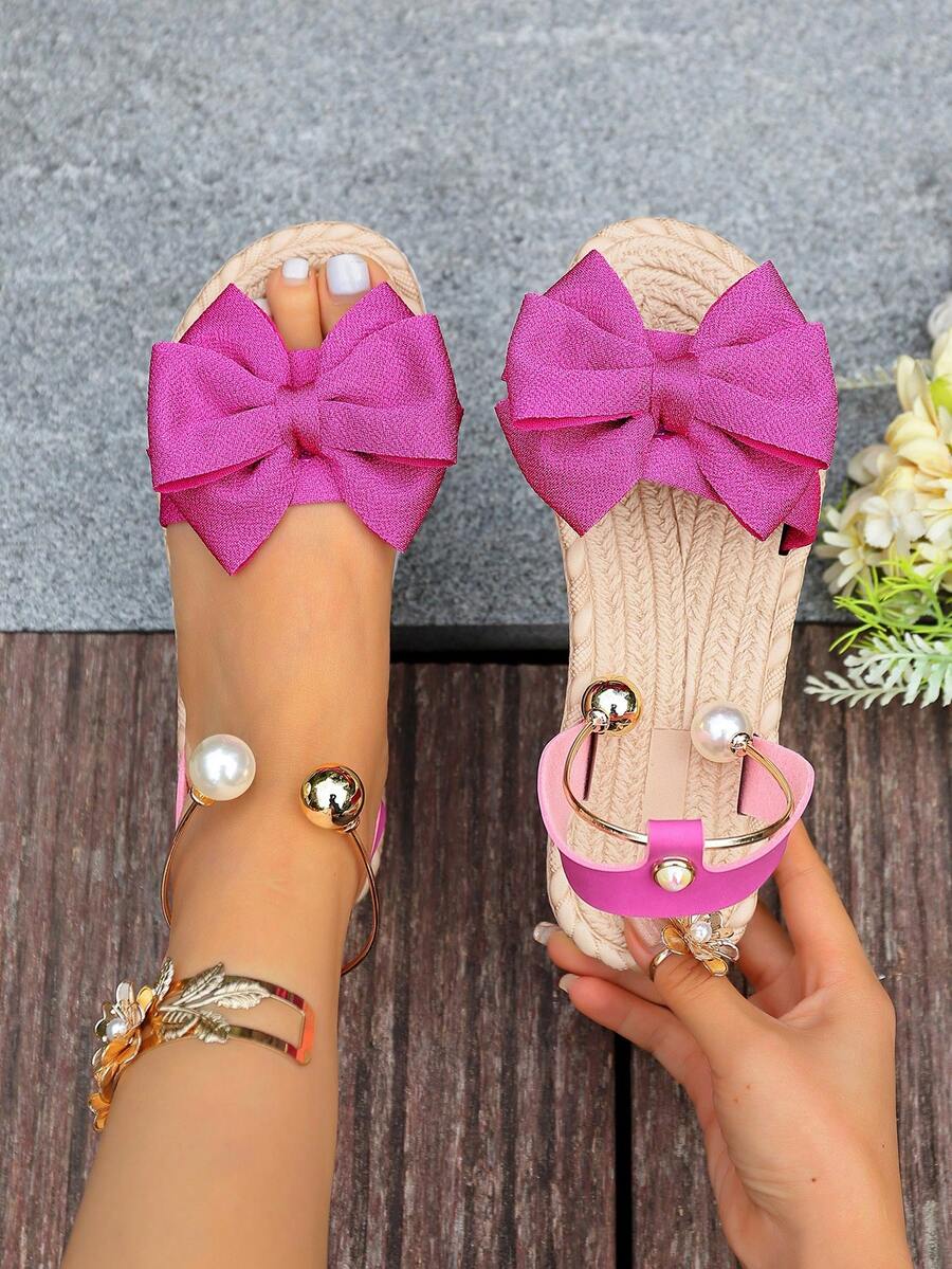 Dép xỏ ngón đi biển Bow Flower Decor dành cho nữ, phong cách Sweet Fairy, đa năng, đế mềm chống trượt, kỳ nghỉ hè trên bãi biển