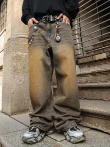 HEHCN 男士水洗复古做旧宽松直筒休闲牛仔裤，街头风百搭牛仔裤 - 鏽棕色 - 查看 5