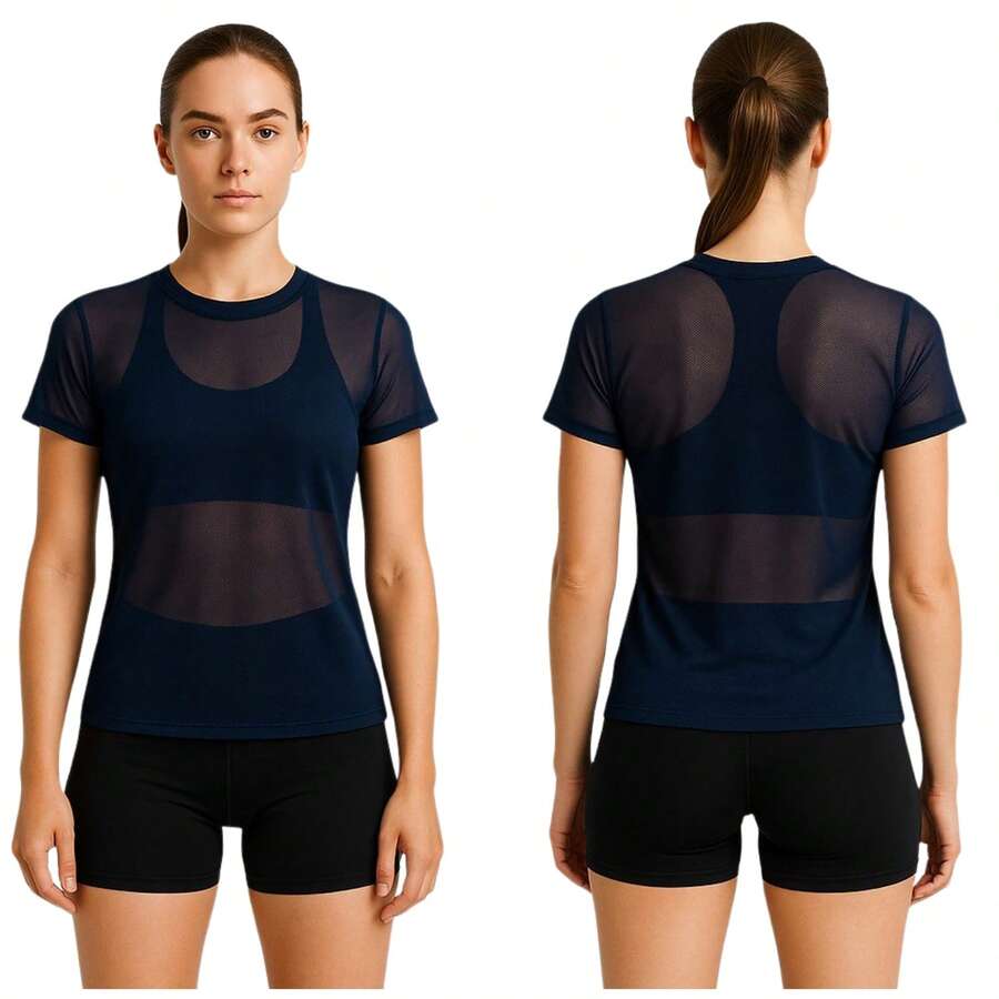 Women's Blouse, Transparent Tulle T-Shirt, Gym/Fitness - 藏蓝色 - 查看 1