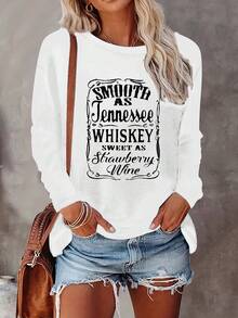 Women's Casual Long Sleeve T-Shirt With "Smooth Like Tennessee Whiskey Sweet Like Strawberry Wine" Pattern - Soft Stretchy Crew Neck Top, Machine Washable, Comfortable For All Seasons, Loose Fit For Daily Fashion, Medium Elastic Fabric 2025 - 白色 - 查看 7