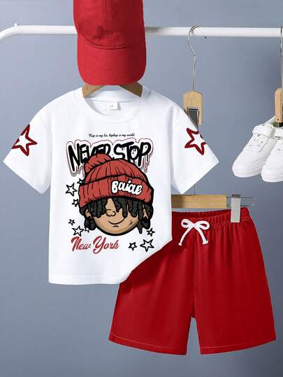 Set de 2 piezas de camiseta de manga corta de cuello redondo y pantalones cortos casuales con estampado de personaje de dibujos animados y eslogan para niños