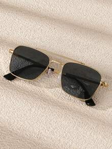 1 Pair Unisex Metal Square Double-Bridge Fashion Glasses, Eyewear For Street Style, Travel, Party - Gold - View 10