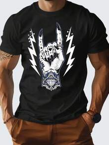 Camiseta Gráfica con Cuernos de Diablo para Hombre - Diseño Atrevido de Arte de Tatuaje y Rayo, Cuello Redondo Azul Marino, Manga Corta, para Amantes de la Música, Conciertos, Uso Casual - Camiseta Atrevida, Regalo Único para Hombres, Amigos y Familiares - Negro - Ver 6