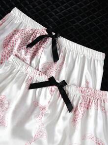 3pcs Women Leopard Print Pocket Short Sleeve Top And Shorts/Pants Pajama Set, Suitable For Spring, Summer, Autumn - Red and White - View 4
