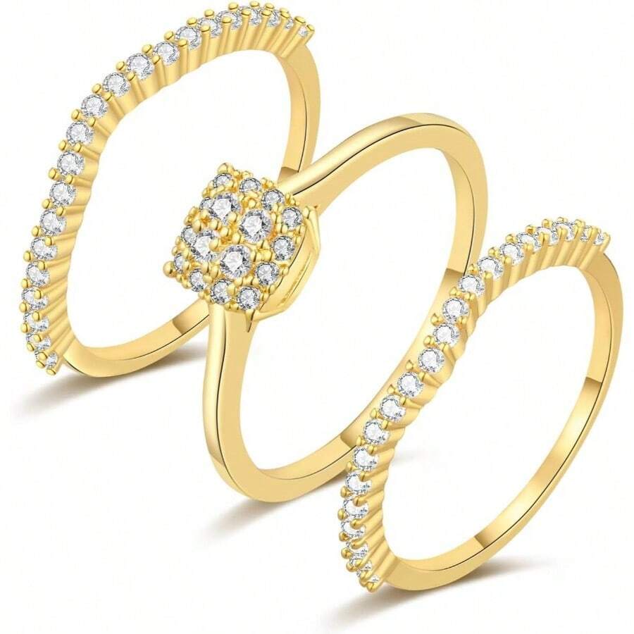 Cubic Zirconia Gold Rings Women Non Tarnish Dainty 14K Gold Plated Stackable Princess Cut Engagement Ring Set Wedding Promise Rings Her Jewelry Size 6 8 9 10 11 - D-3 pcs Cincin Janji + 8 - View 1