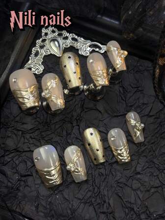 10pcs/Set Handmade Short Coffin Y2K Baddie Style Press On Nails, Naked&Light Champagne Nails Metal Champagne French Acrylic Nails FullCover False Nails Hand Drawn Ribbon With Polka Dot Rhinestone Design Suitable Womenhnlged Occasions Daily Wear Great Gift ForWomen And Girls,With 1 Jelly Pad And 1 Nail File