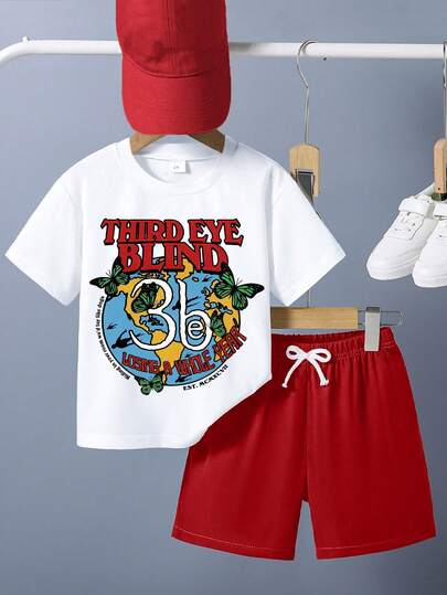 Young Boy Cartoon Print Short Sleeve T-Shirt And Shorts Set