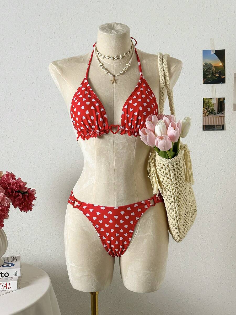 Bộ bikini hai mảnh dành cho nữ, kiểu dáng trái tim khoét cổ, dây buộc cổ, viền hoa, hở lưng, thời trang và dễ thương, thích hợp cho kỳ nghỉ hè ở bãi biển. - Đỏ - Xem 1