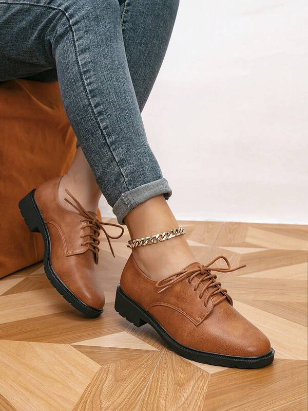 أحذية أكسفورد نسائية ذات أربطة وأصابع مستديرة، أحذية كاجوال مسطحة ذات أربطة، أحذية رياضية ذات أربطة بطراز رجعي للخارج، للربيع/الخريف