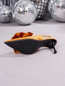 Gold Bow Pointed Toe Slip-On Pumps, Solid Color Fabric Bow Decor High Heel Mules, Office Wear All Season,Party Outfits - Gold - View 8