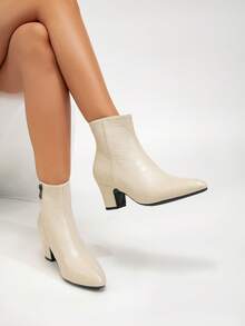 女式粗跟靴，欧美时尚，百搭拉链开合，优雅尖头，性感派对舞会必备，秋季靴子 - 杏色 - 查看 3