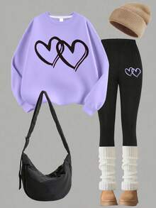 2pcs Girl Cute And Sweet Style Double - Heart Print Sweatshirt And Leggings Set, Soft And Comfortable, Spring Autumn Daily School Wear - Purple - View 2