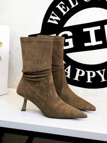 Women's Mid-Calf Boots, Elastic Boots, Wrinkled Stacked Boots, Versatile Pointed Toe Slim High Heel Fashionable Ankle Boots - Dark Brown - View 4