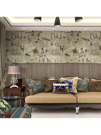 Roll Of Retro Newspaper Pattern Wallpaper. It Is Peel Stick, No Glue Required, Easy To Install Removable. Bedroom Living Room Accent Wand ation, As Well Tabletop Cabinet Renovation. Paper Stickers view 3