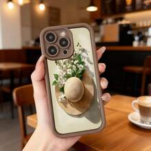 Funda para teléfono con borde negro color crema estampado con sombrero de paja y flores blancas ideal para uso diario en cafeterías y espacios elegantes Aplicable a los teléfonos de la serie Apple y Galaxy - Burdeos - Ver 5