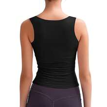 Playera Sin Mangas Mujer, Camiseta sin Mangas Mujer con Cuello Cuadrado, con Doble Forro y Cintura ceñida, para, Gimnasio, Yoga, Deportes y más - Negro - Ver 6