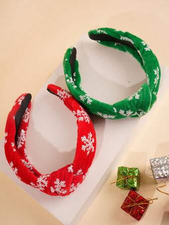 1个女童多色丝绒亮片蝴蝶结雪花发箍，时尚防滑发圈，适合作为节日礼物、面膜、日常佩戴