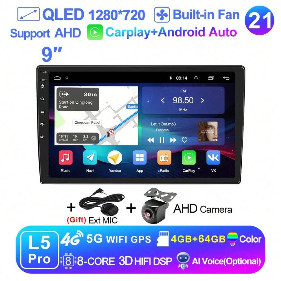 LEHX 8Core 9 pulgadas Universal 2din inalámbrico Carplay Android 15 Radio de coche reproductor de vídeo Multimedia AutoRadio navegación GPS 4G WiFi - 9-L5 Pro (4-64 GB) AHD - Ver 1