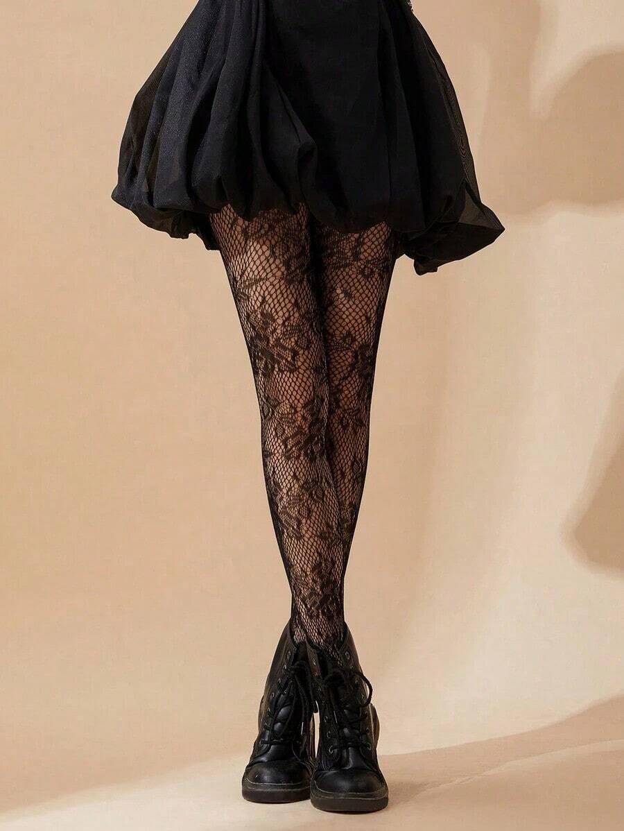 Flower Pattern Fishnet Black Tights - Black 2 - 查看 1
