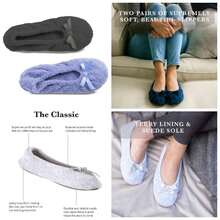 ISOTONER Women's Solid Printed Cushioned Ballerina Slippers 2 Pack - 8-9 + 絎縫長春花,純灰色 - 查看 1