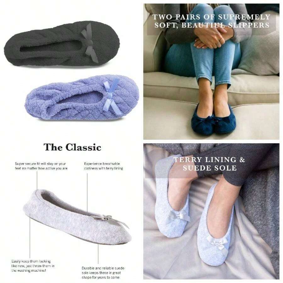 ISOTONER Women's Solid Printed Cushioned Ballerina Slippers 2 Pack - 8-9 + 絎縫長春花,純灰色 - 查看 1