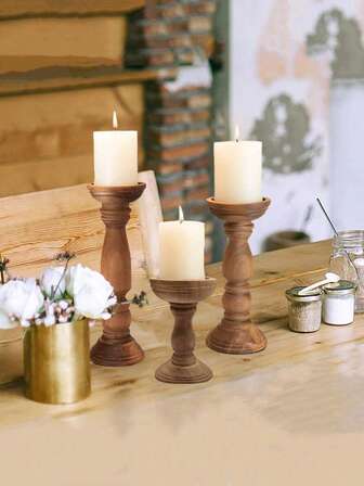 1件/3件复古棕色木制烛台装饰套装
