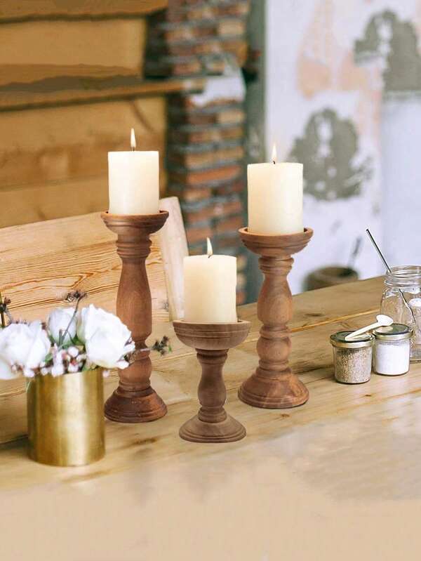 1 قطعة/3 قطع مجموعة ديكورية لحامل الشموع الخشبي البني الأنيق