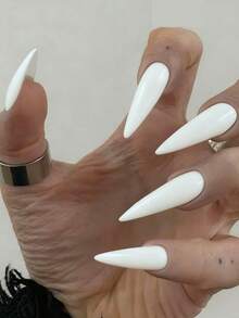 24pcs Long Pointed White High-Grade Glossy Nail Tips + 1pc Jelly Gel + 1pc Nail Buffer Block