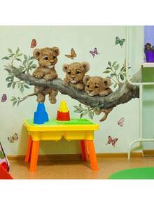 BRUP 1张可爱小狮子墙贴，配以树枝、绿叶和彩色蝴蝶，可移除，即撕即贴，适合儿童房装饰，充满奇思妙想的主题艺术