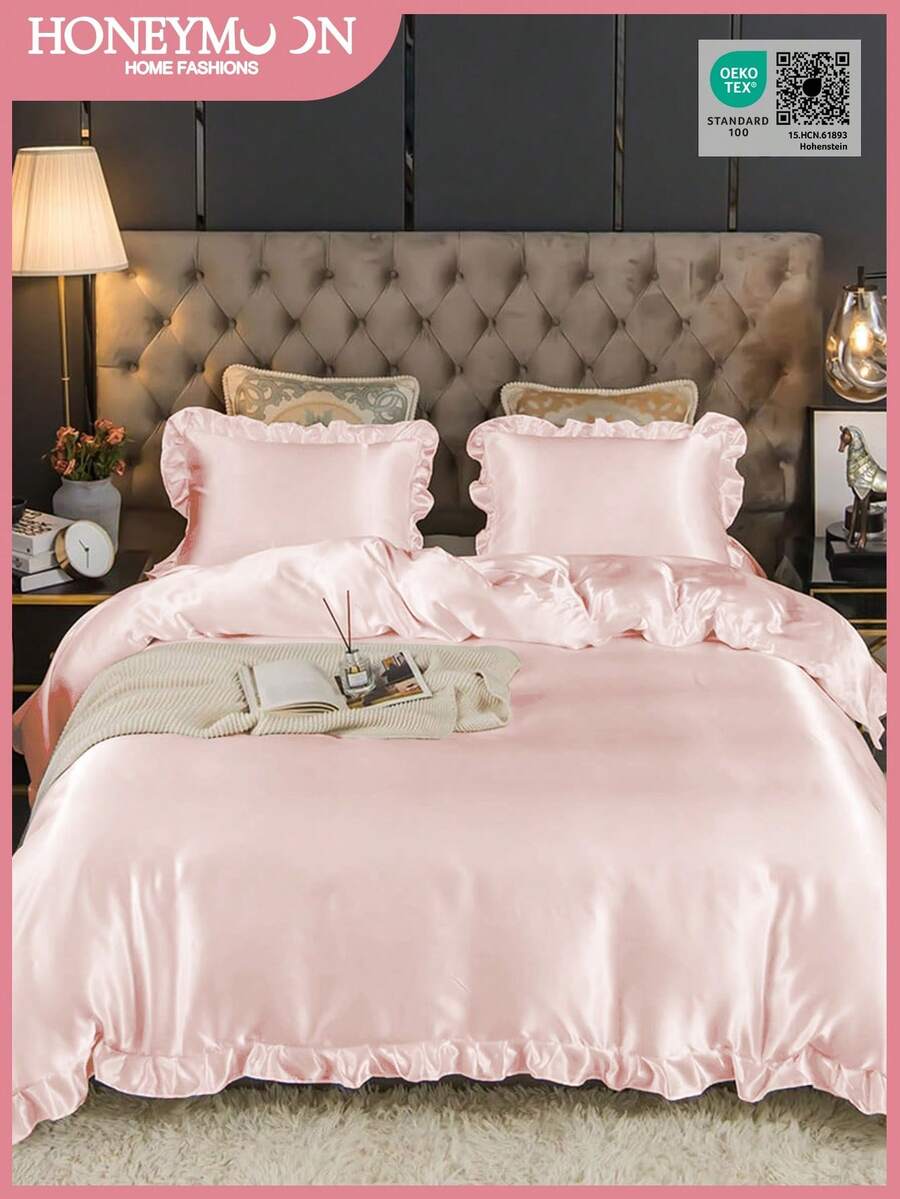 2/3pcs Set Satin Ruffled Blush Pink Duvet Cover Set, Ruffled Tassel Duvet Cover Set, Solid Retro Luxury Farmhouse Style Bedding Set, 3pcs Boho Ruffled Tie Duvet Cover Set (Comforter Not Included). Perfectly Fits Twin, Full, Queen, King Size Beds. Suitable For Home Bedding, Dorm Supplies And Christmas Decor. - Baby Pink - View 1