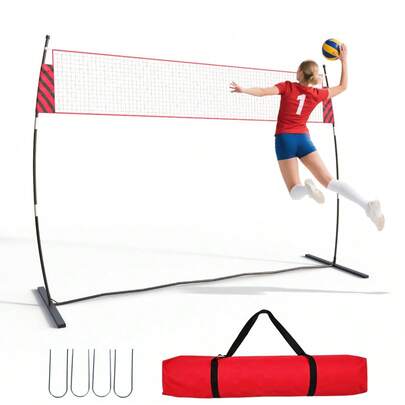 ShiningLove 12ft Or 32ft Adjustable Volleyball Net – Freestanding Design W/Carry Bag, Triple-Layer Net, Fiberglass Poles | Beach, Backyard & Indoor Use For Drills/Games
