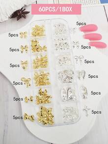 Conjunto de 60 Peças de Fitas de Laço Joia de Unhas, Incluindo uma Variedade de Laços, Asas de Anjo, Ornamentos em Forma de Cruz e Outras Cores Mistas, Adequado para Design de Unhas em Vários Formatos, Ornamentos de Laço de Fita Francesa Kawaii Aesthetic, Acessórios de Decoração de Arte de Unhas