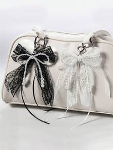 1pc Korean Style Elegant Double-Layer Lace Bow & Faux Pearl Keychain, Sweet Ribbon Bag Charm