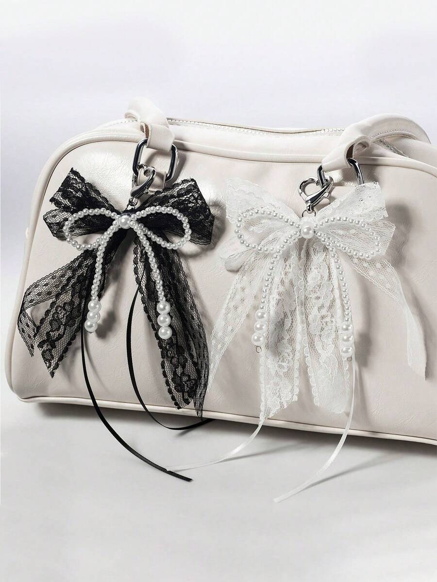 1pc Korean Style Elegant Double-Layer Lace Bow & Faux Pearl Keychain, Sweet Ribbon Bag Charm