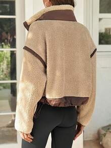 Women's Color Block Teddy Jacket Cropped Zip Up Fuzzy Sherpa Stand Collar - Màu Khaki - Xem 3