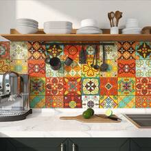 Pegatinas de azulejos con estilo floral vintage marroquí bohemio, calcomanías de azulejos de mosaico, pegatinas de pared retro